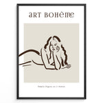 Ladda upp bild till gallerivisning, Framed Art Bohème poster featuring minimalist brown line art of a reclining woman with flowing hair on a beige background.
