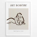 Ladda upp bild till gallerivisning, Framed Art Bohème poster featuring minimalist brown line art of a reclining woman with flowing hair on a beige background.
