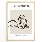 Ladda upp bild till gallerivisning, Framed Art Bohème poster featuring minimalist brown line art of a reclining woman with flowing hair on a beige background.

