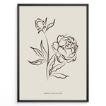 Ladda upp bild till gallerivisning, Framed Jardin Collection poster featuring brown line art of blooming peony flowers and leaves on a beige background in a minimalist style.

