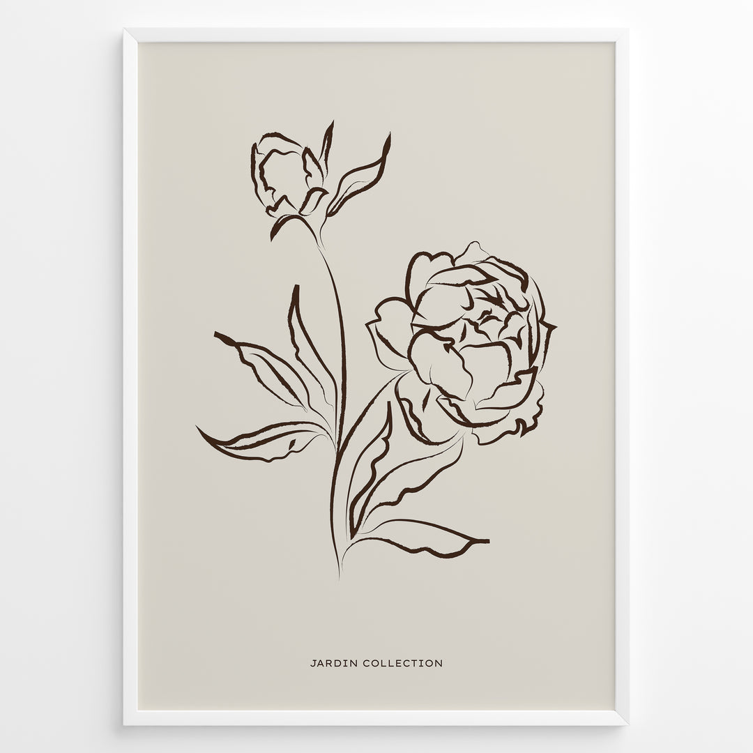Framed Jardin Collection poster featuring brown line art of blooming peony flowers and leaves on a beige background in a minimalist style.