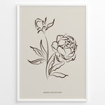 Ladda upp bild till gallerivisning, Framed Jardin Collection poster featuring brown line art of blooming peony flowers and leaves on a beige background in a minimalist style.
