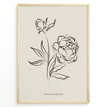 Ladda upp bild till gallerivisning, Framed Jardin Collection poster featuring brown line art of blooming peony flowers and leaves on a beige background in a minimalist style.
