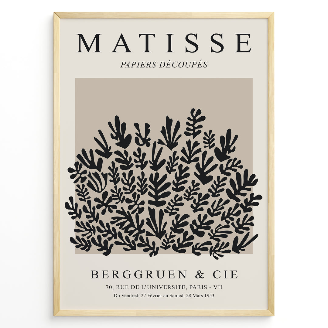 Framed Matisse Papiers Découpés poster featuring black botanical cut-out shapes on a taupe background.