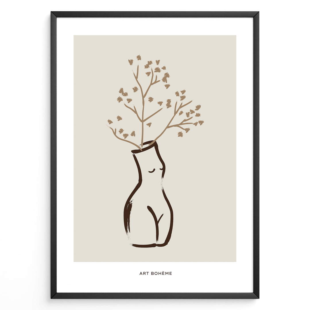 Framed Art Bohème poster featuring a minimalist vase in the shape of a female body holding brown floral branches on a neutral beige background.