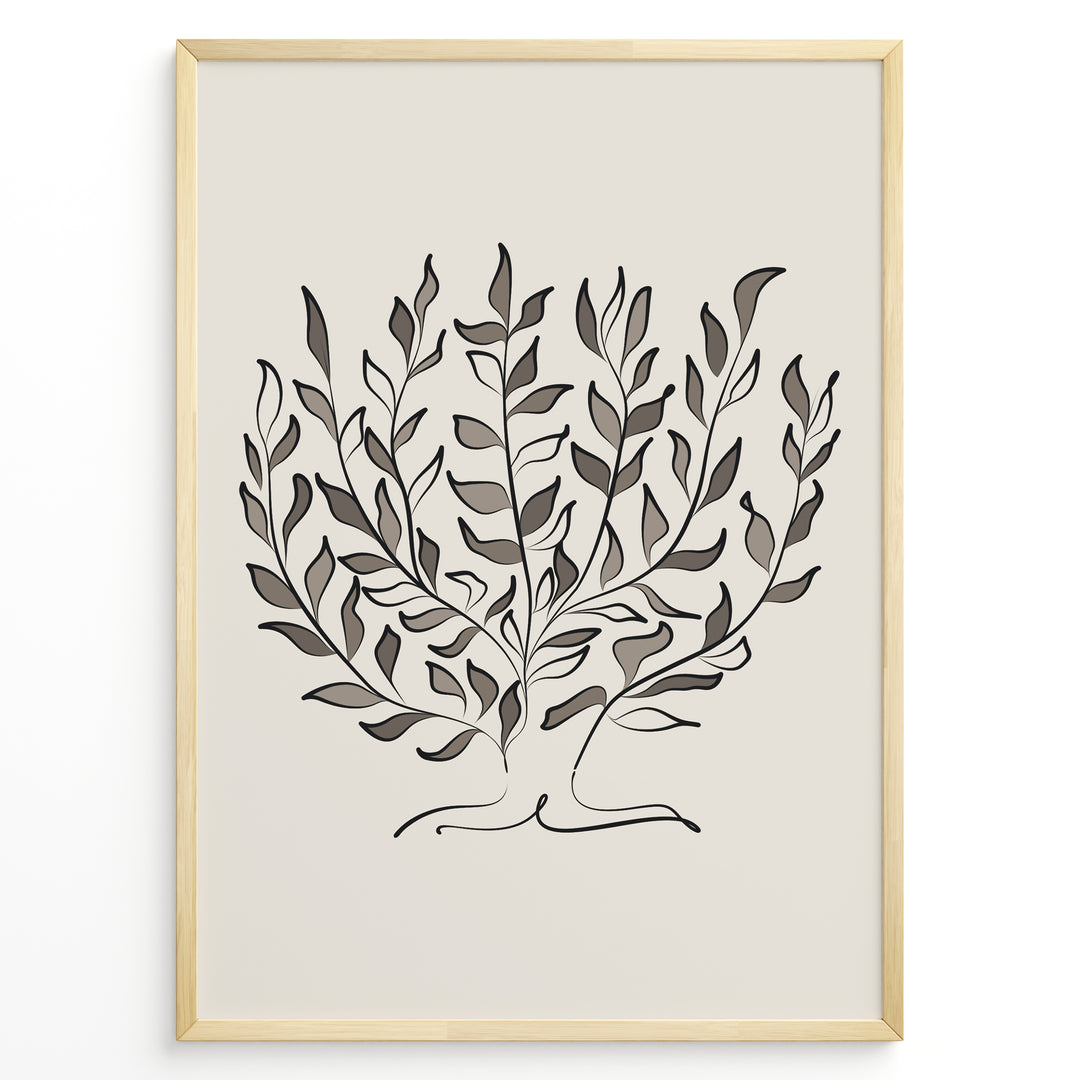 Framed minimalist botanical poster with abstract hand-drawn leaves in brown and black tones on a light beige background.
