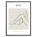 Ladda upp bild till gallerivisning, Framed minimalist “Muse” poster showing abstract female legs in a graceful sitting pose with soft brown lines on a neutral beige background.
