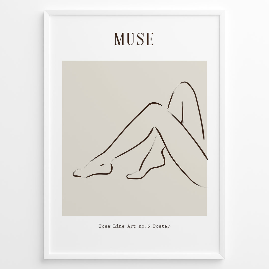 Framed minimalist “Muse” poster showing abstract female legs in a graceful sitting pose with soft brown lines on a neutral beige background.