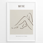 Ladda upp bild till gallerivisning, Framed minimalist “Muse” poster showing abstract female legs in a graceful sitting pose with soft brown lines on a neutral beige background.
