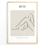 Ladda upp bild till gallerivisning, Framed minimalist “Muse” poster showing abstract female legs in a graceful sitting pose with soft brown lines on a neutral beige background.
