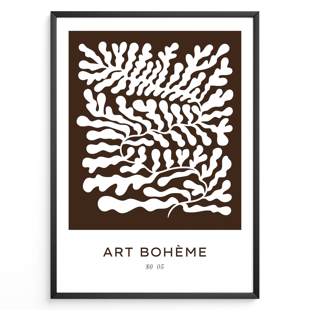 Framed Art Bohème poster showing abstract white leaf patterns on a dark brown background with minimalist text at the bottom.