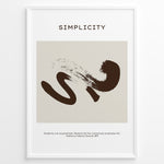 Ladda upp bild till gallerivisning, Framed “Simplicity” poster featuring a brown abstract brushstroke design on a beige background with a motivational quote at the bottom.
