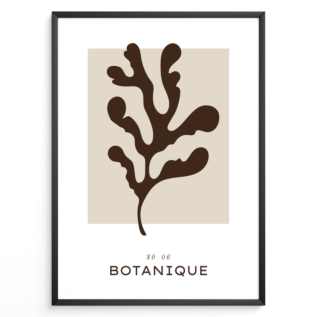 Framed “Botanique No.06” poster with abstract brown leaf design on a soft beige background in minimalist modern style.