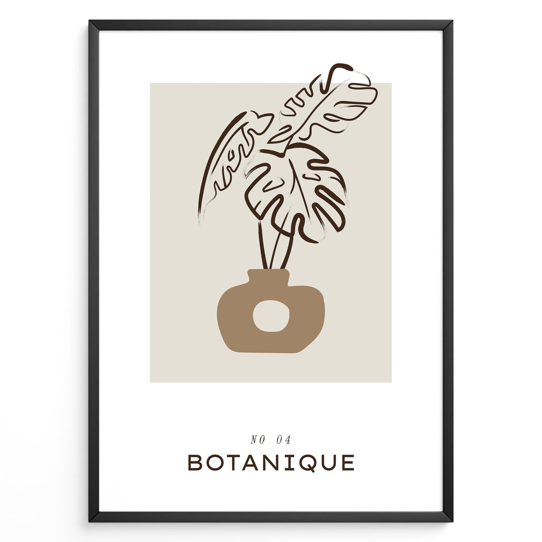 Framed “Botanique No.04” poster with abstract brown vase and plant leaf design on a beige background in a minimalist art style.