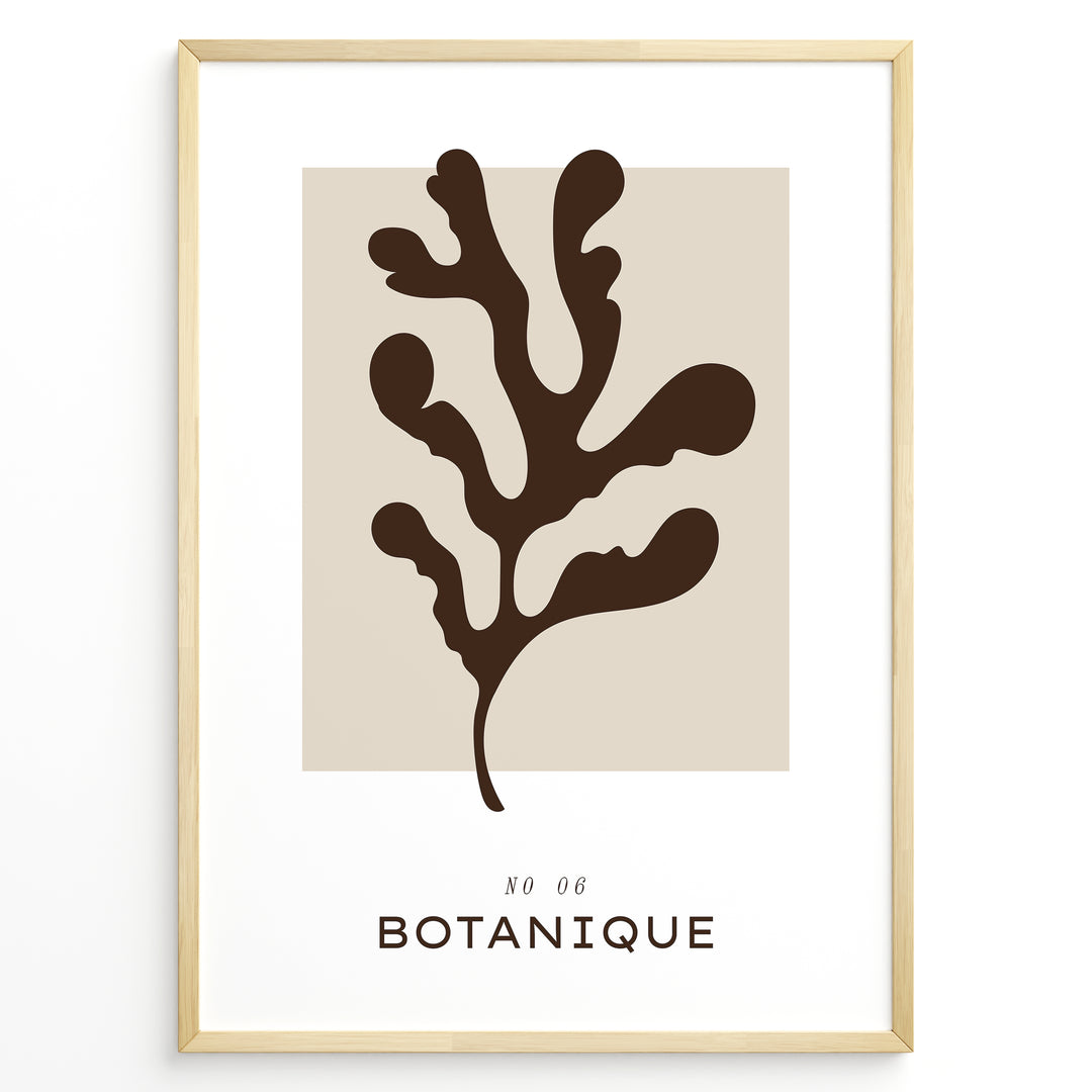 Framed “Botanique No.06” poster with abstract brown leaf design on a soft beige background in minimalist modern style.