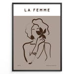 Ladda upp bild till gallerivisning, Framed “La Femme No.03” poster with minimalist brown line art of a woman holding a flower on a taupe background from the Bohemian Collection.
