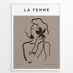 Ladda upp bild till gallerivisning, Framed “La Femme No.03” poster with minimalist brown line art of a woman holding a flower on a taupe background from the Bohemian Collection.
