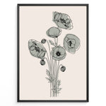 Ladda upp bild till gallerivisning, Framed minimalist floral line art poster with black poppy flowers and soft gray shading on a light beige background.
