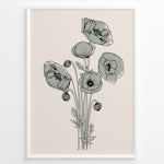 Ladda upp bild till gallerivisning, Framed minimalist floral line art poster with black poppy flowers and soft gray shading on a light beige background.
