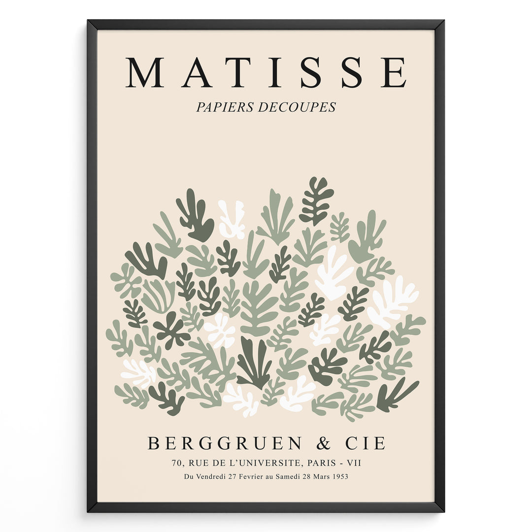 Framed Matisse-style botanical poster with abstract green and white leaf cutout shapes and beige background, titled “Papiers Découpés.”