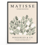 Ladda upp bild till gallerivisning, Framed Matisse-style botanical poster with abstract green and white leaf cutout shapes and beige background, titled “Papiers Découpés.”
