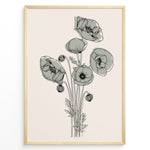 Ladda upp bild till gallerivisning, Framed minimalist floral line art poster with black poppy flowers and soft gray shading on a light beige background.
