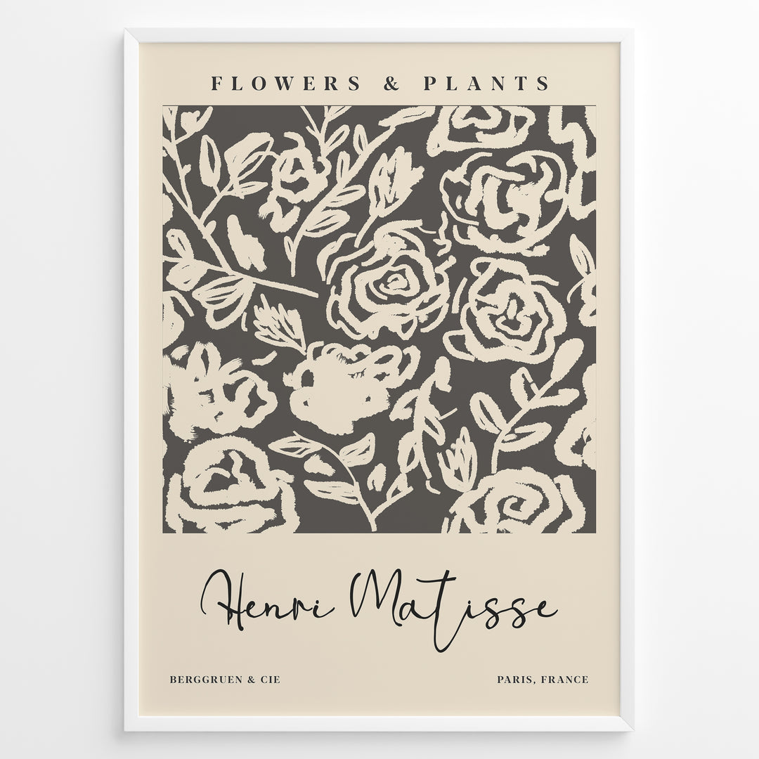 Framed Matisse-style floral poster with cream abstract rose designs on a dark gray background, titled “Flowers & Plants.”