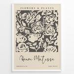 Ladda upp bild till gallerivisning, Framed Matisse-style floral poster with cream abstract rose designs on a dark gray background, titled “Flowers &amp; Plants.”
