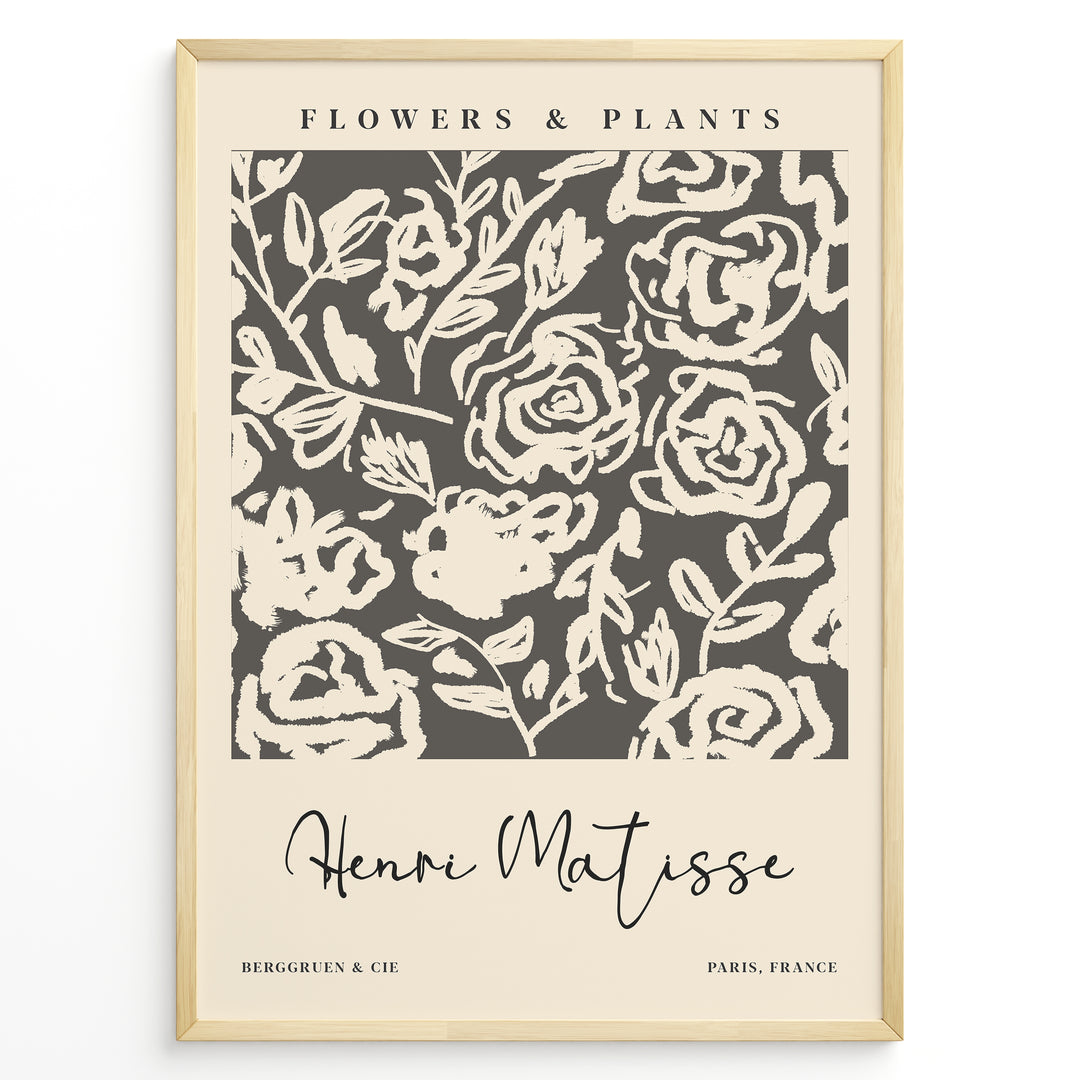 Framed Matisse-style floral poster with cream abstract rose designs on a dark gray background, titled “Flowers & Plants.”