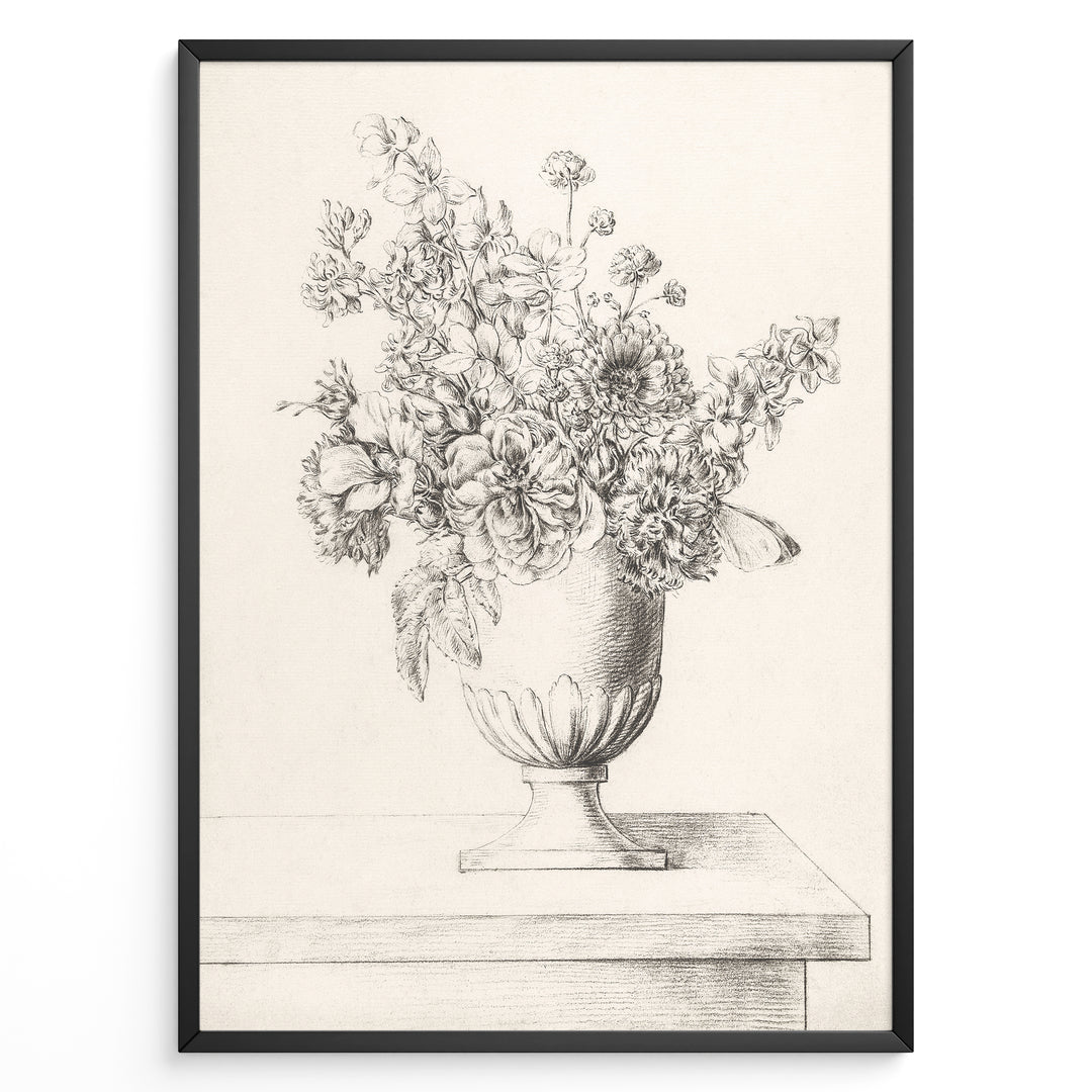 Framed vintage floral sketch poster showing a pencil drawing of flowers in a vase on a table, in a minimalist beige tone.