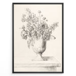 Ladda upp bild till gallerivisning, Framed vintage floral sketch poster showing a pencil drawing of flowers in a vase on a table, in a minimalist beige tone.
