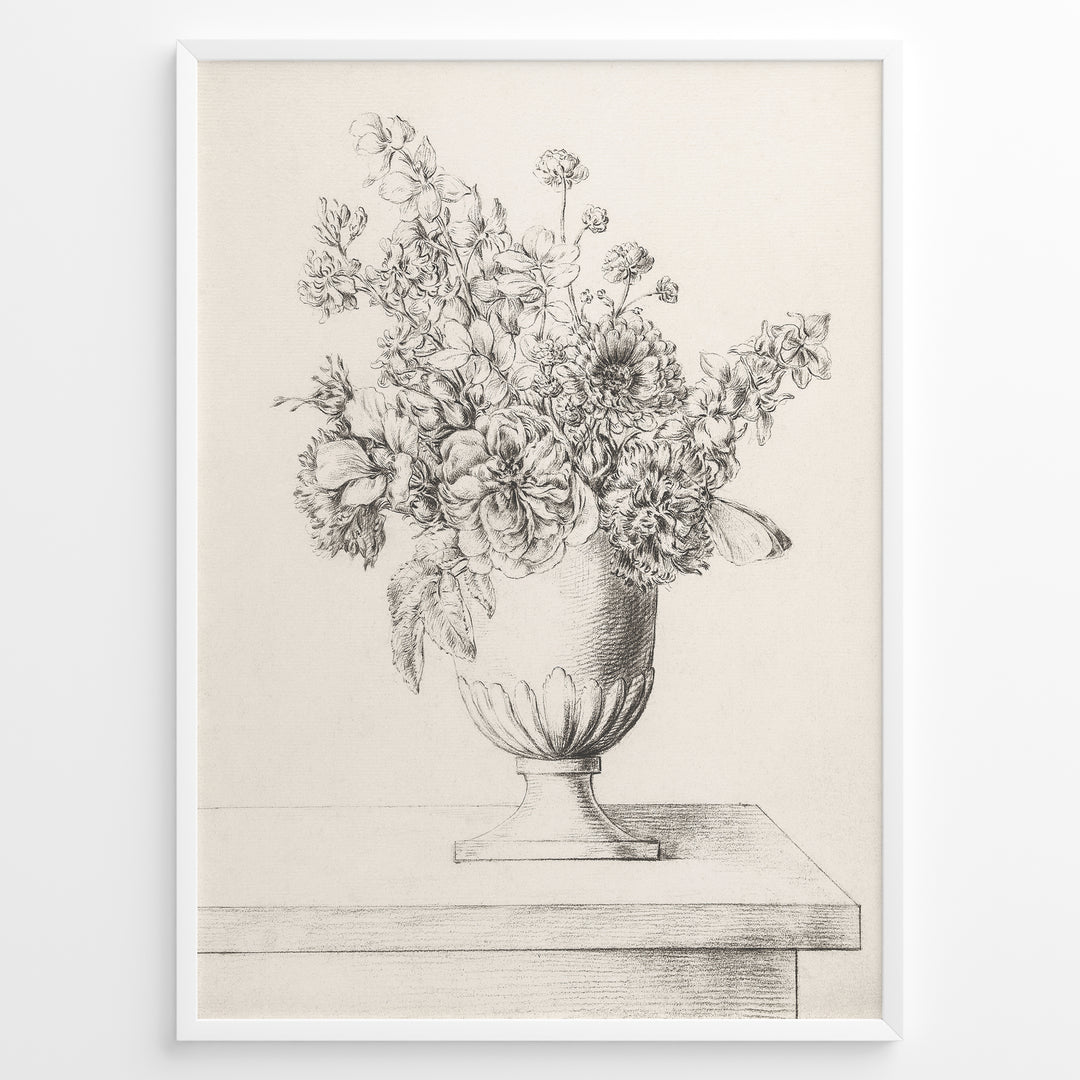 Framed vintage floral sketch poster showing a pencil drawing of flowers in a vase on a table, in a minimalist beige tone.