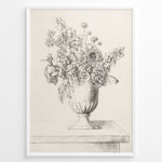 Ladda upp bild till gallerivisning, Framed vintage floral sketch poster showing a pencil drawing of flowers in a vase on a table, in a minimalist beige tone.
