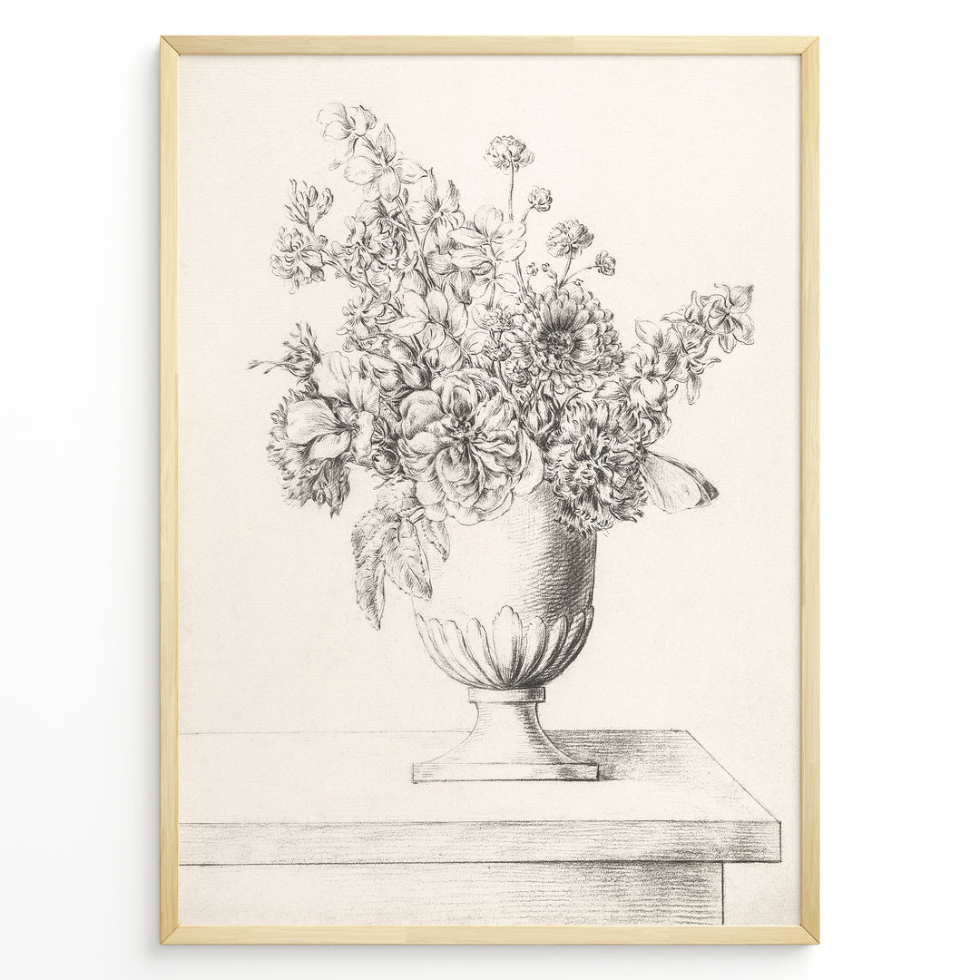 Framed vintage floral sketch poster showing a pencil drawing of flowers in a vase on a table, in a minimalist beige tone.