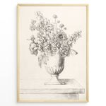 Ladda upp bild till gallerivisning, Framed vintage floral sketch poster showing a pencil drawing of flowers in a vase on a table, in a minimalist beige tone.
