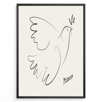 Ladda upp bild till gallerivisning, Framed Picasso Dove of Peace line art poster with minimalist black outline of a dove holding an olive branch on a beige background.
