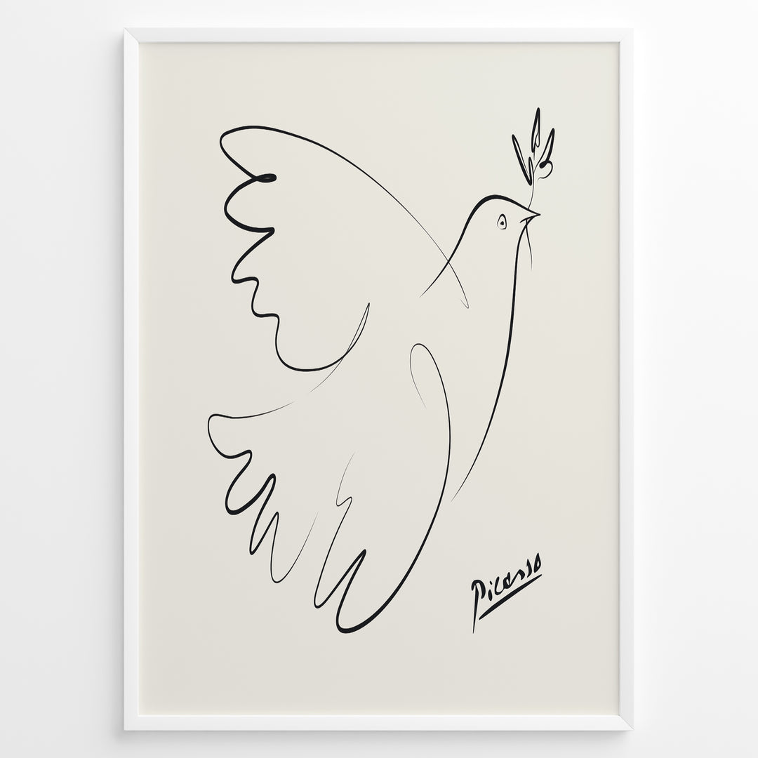 Framed Picasso Dove of Peace line art poster with minimalist black outline of a dove holding an olive branch on a beige background.