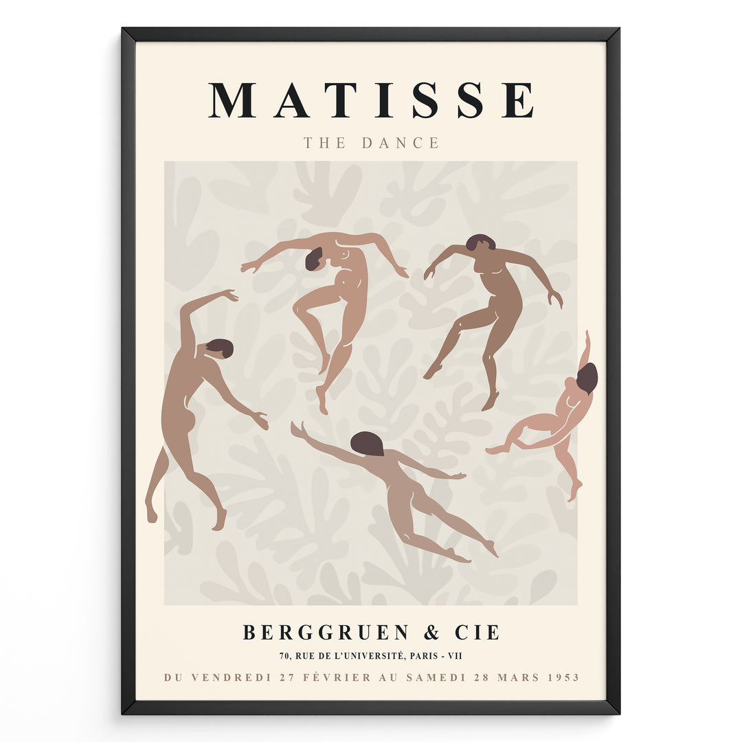 Framed Matisse “The Dance” abstract art poster with nude figures dancing on a beige patterned background.