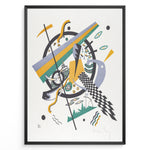 Ladda upp bild till gallerivisning, Framed Kandinsky abstract art poster with colorful geometric shapes in yellow, green, and purple on a white background.
