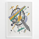 Ladda upp bild till gallerivisning, Framed Kandinsky abstract art poster with colorful geometric shapes in yellow, green, and purple on a white background.
