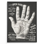 Ladda upp bild till gallerivisning, Framed vintage palmistry hand poster in black and white, featuring detailed labeled hand diagram and typography.
