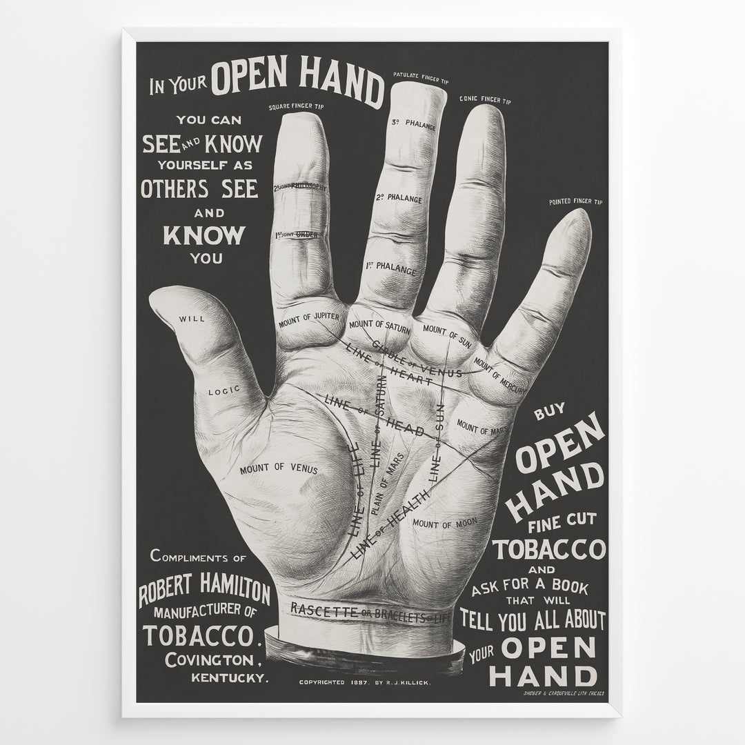 Framed vintage palmistry hand poster in black and white, featuring detailed labeled hand diagram and typography.