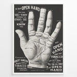 Ladda upp bild till gallerivisning, Framed vintage palmistry hand poster in black and white, featuring detailed labeled hand diagram and typography.
