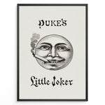 Ladda upp bild till gallerivisning, Framed Duke’s Little Joker vintage poster with detailed moon face illustration smoking a cigarette on a beige textured background.
