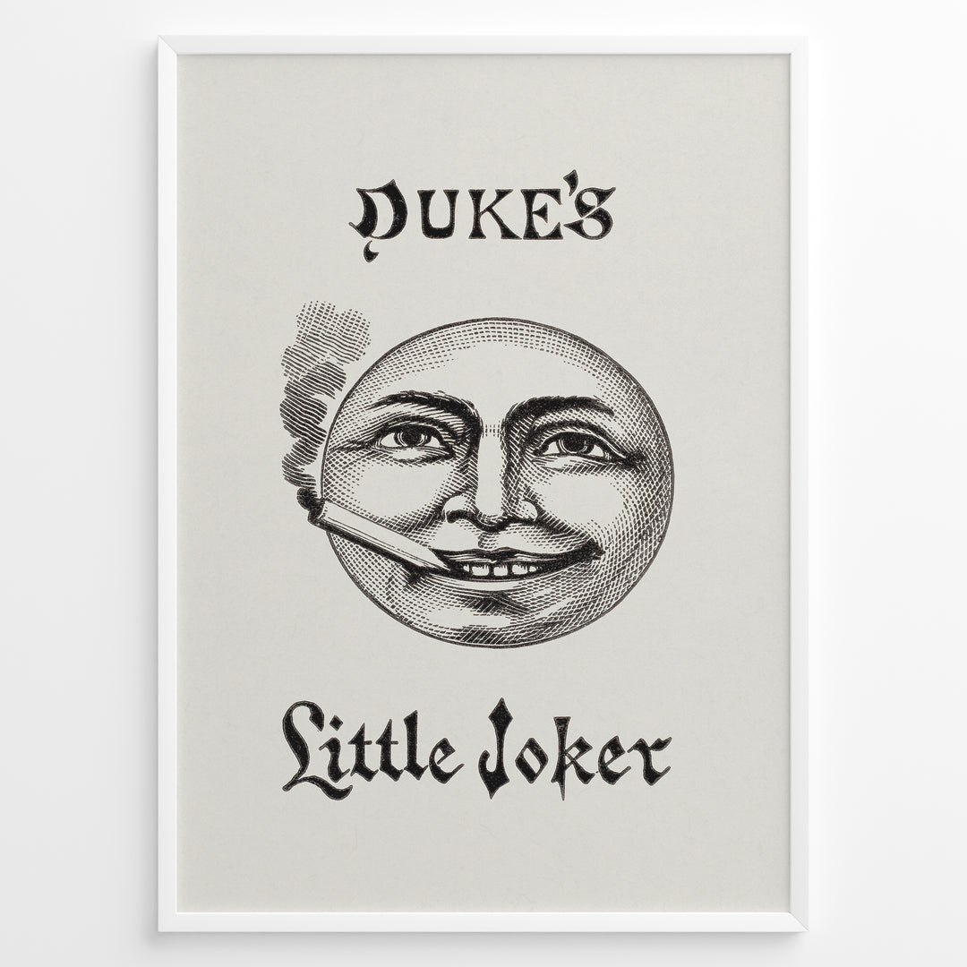 Framed Duke’s Little Joker vintage poster with detailed moon face illustration smoking a cigarette on a beige textured background.