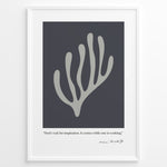 Ladda upp bild till gallerivisning, Framed Henri Matisse abstract coral art poster with grey organic shape on dark background and inspirational quote at the bottom.
