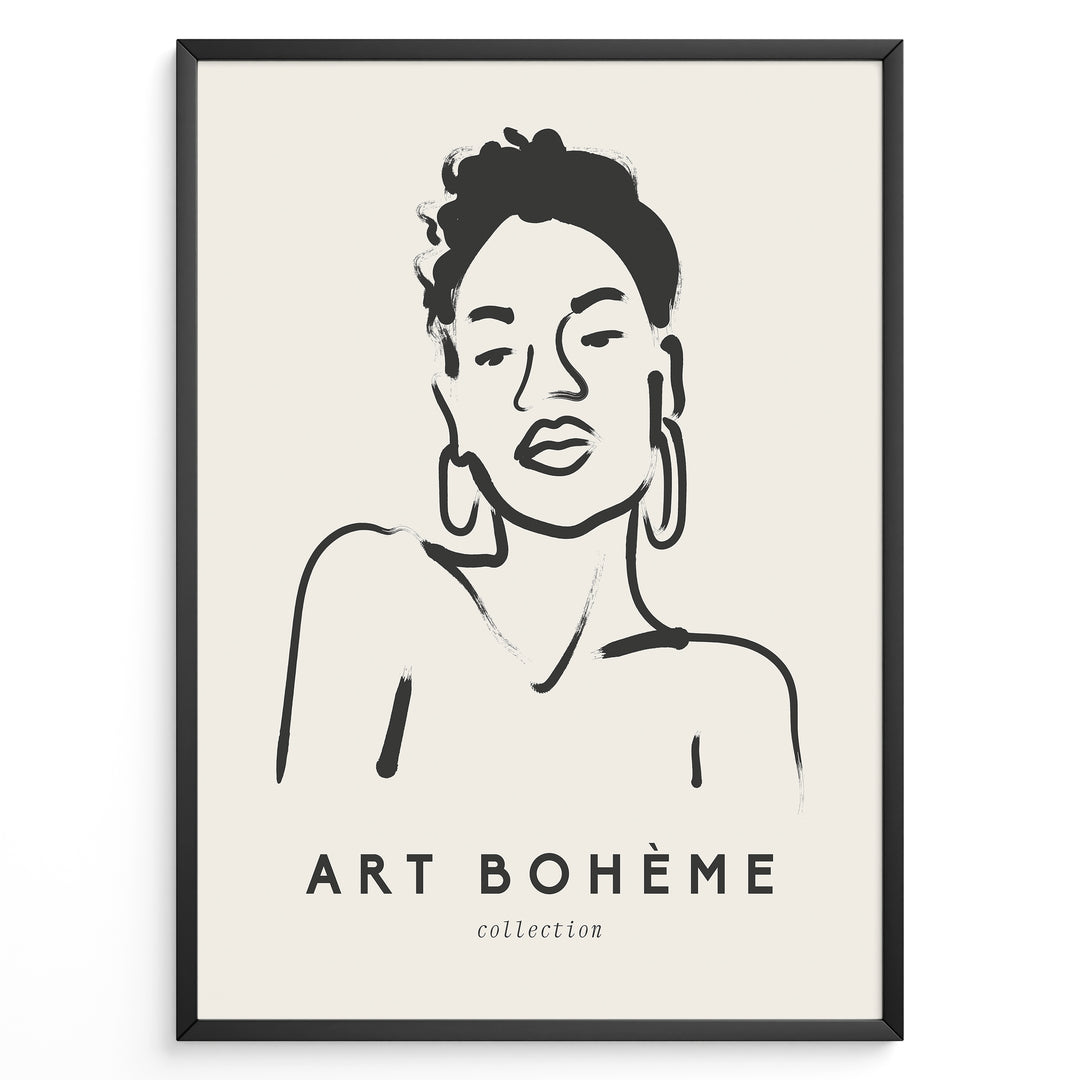 Framed Art Bohème poster with minimalist black line drawing of a woman wearing hoop earrings on a beige background.