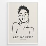 Ladda upp bild till gallerivisning, Framed Art Bohème poster with minimalist black line drawing of a woman wearing hoop earrings on a beige background.
