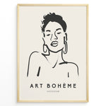 Ladda upp bild till gallerivisning, Framed Art Bohème poster with minimalist black line drawing of a woman wearing hoop earrings on a beige background.
