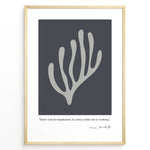 Ladda upp bild till gallerivisning, Framed Henri Matisse abstract coral art poster with grey organic shape on dark background and inspirational quote at the bottom.
